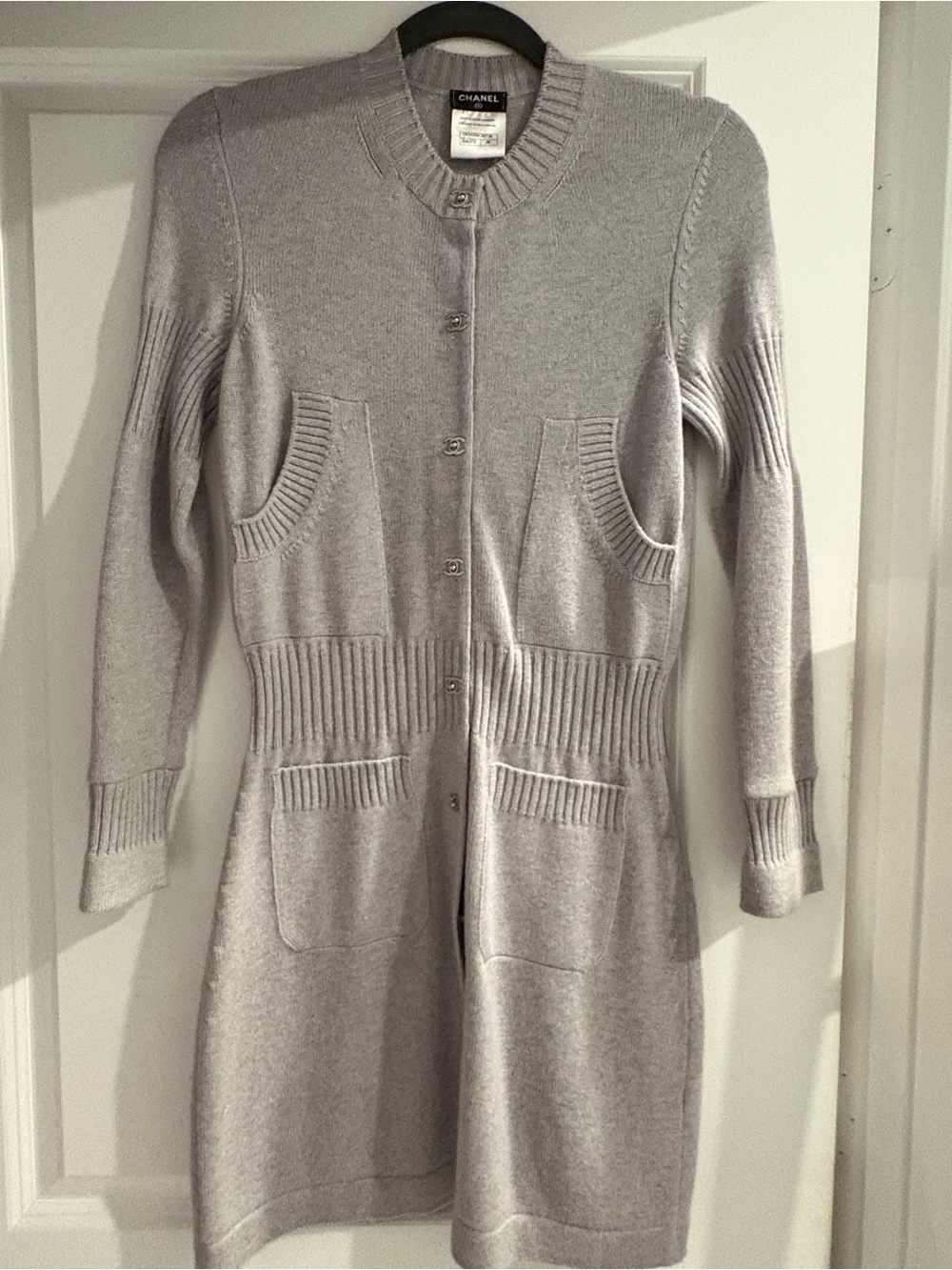 CHANEL Light Gray Button-Front Long Cardigan